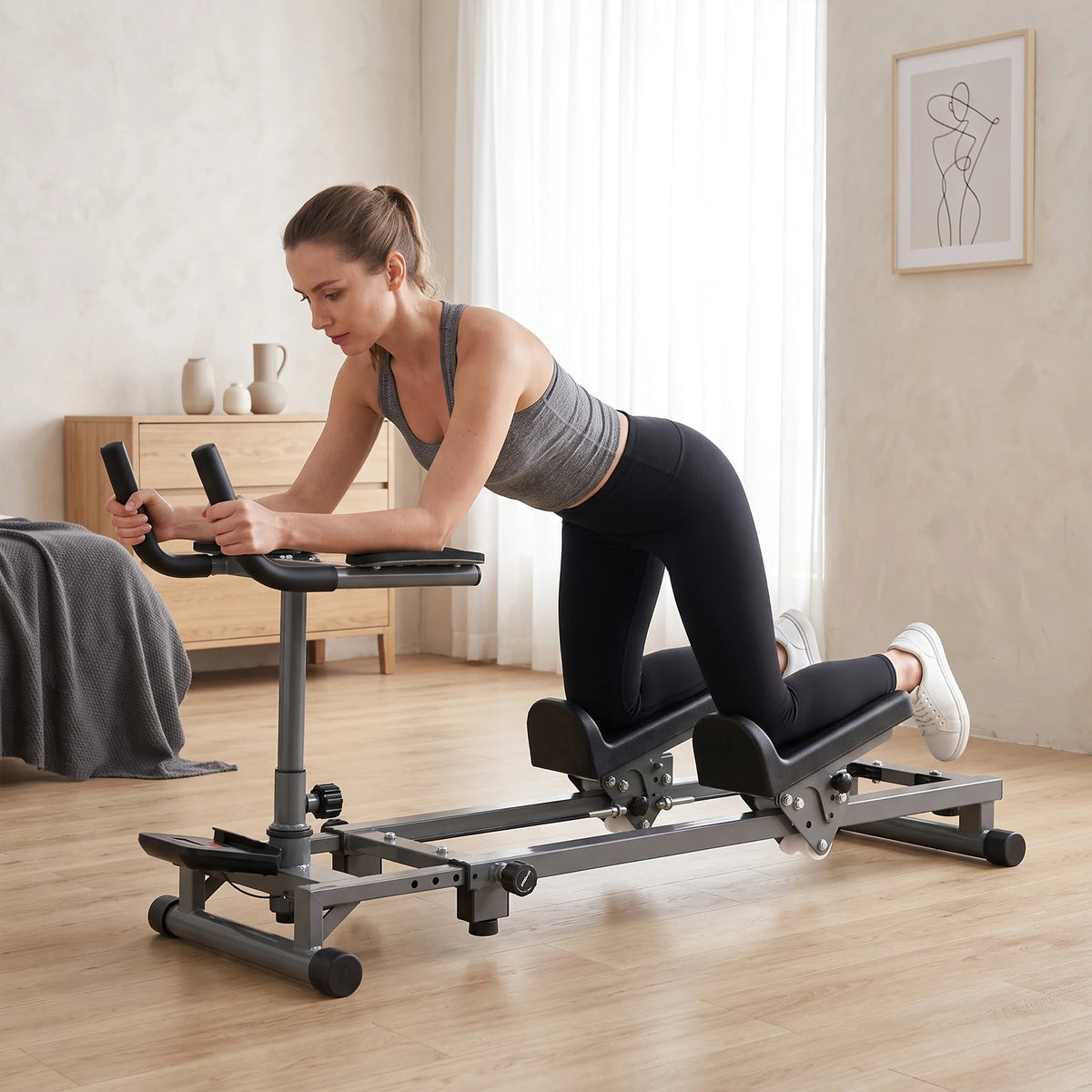 Back Stretcher and Crawling Trainer, Adjustable Height and Length with Step Counter, for Core Strengthening and Cardio Workout, Sturdy Home Gym Equipment for Office Studio Use, Anti-Slip Padded Handrails for Safe Exercise