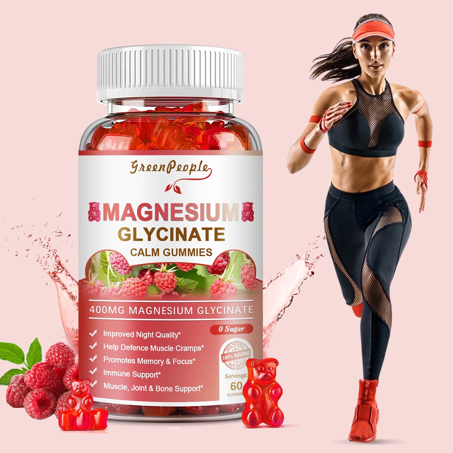Greenpeople Magnesium Glycinate Gummies with Magnesium Malate,Vitamin D,B6 & CoQ10 for Calm Support & Sleep for Adults Raspberry