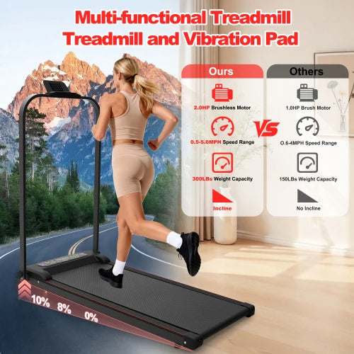 2.0HP Foldable Treadmill with Incline & Handle, 2-in-1 Under Desk Walking Pad with Vibration Plate, Portable Running Machine for Home Office Small Spaces, 300LBS Capacity