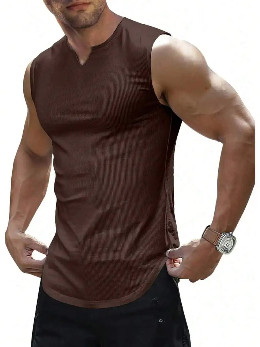 Mens Ribbed Knitted Tank Top Sleeveless Fitness Gym T-Shirt