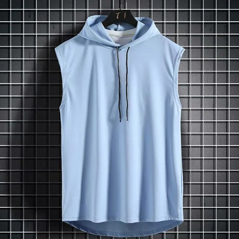 Men's lace up hooded sleeveless vest, men's summer loose solid color hip-hop T-shirt top, sports vest