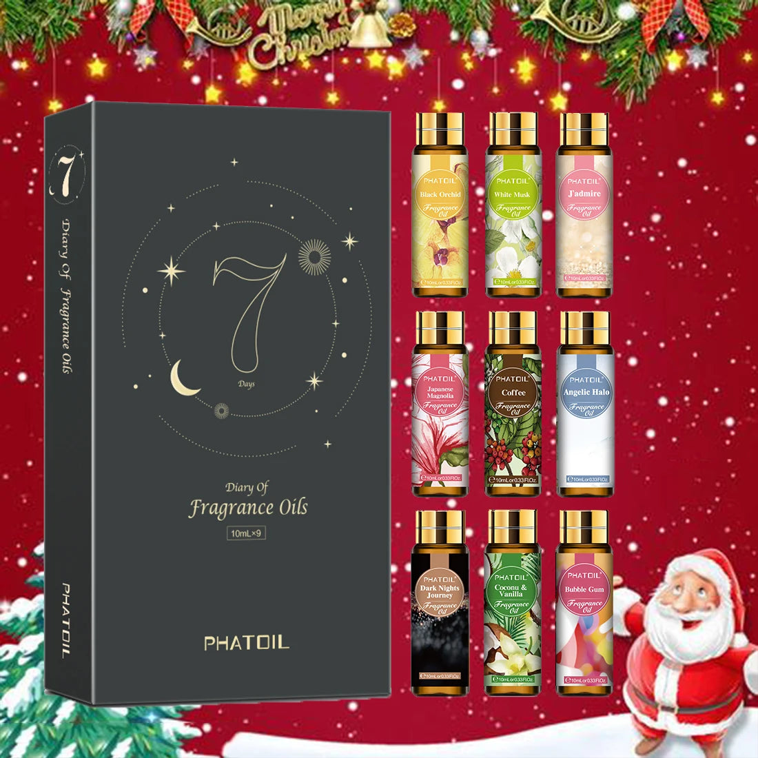 PHATOIL 9 X 10ml Fragrance Oil Christmas Gift Set for Diffusers for Home, Soap Candle Making Long Lasting Fragrance Oils Humidifier, Aromatherapy, Refresh Space