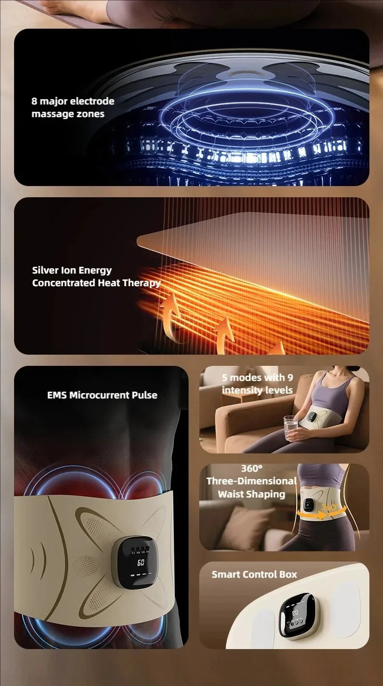 EMS Waist Massager Belt Electric Muscle Stimulator Abdominal Abs Trainer Pulse Slimming Shaping Massager Incontinence Therapy Heating Back Pain Relief Belt Core Weight Loss Fitness Vibration Waist Trimmer Stomach Heating Pad
