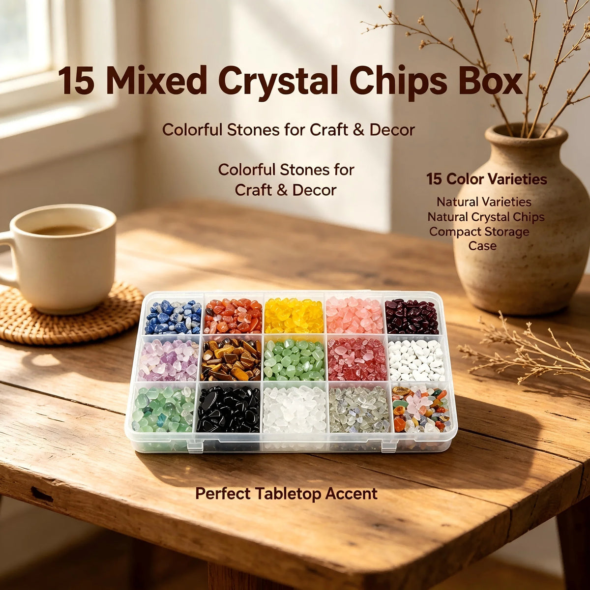 1 box of natural crystal broken stones, 15 styles, polished irregular shapes, mixed colors, suitable for jewelry making, gifts, gemstone fragments bead, non porous and diverse natural materials, random styles
