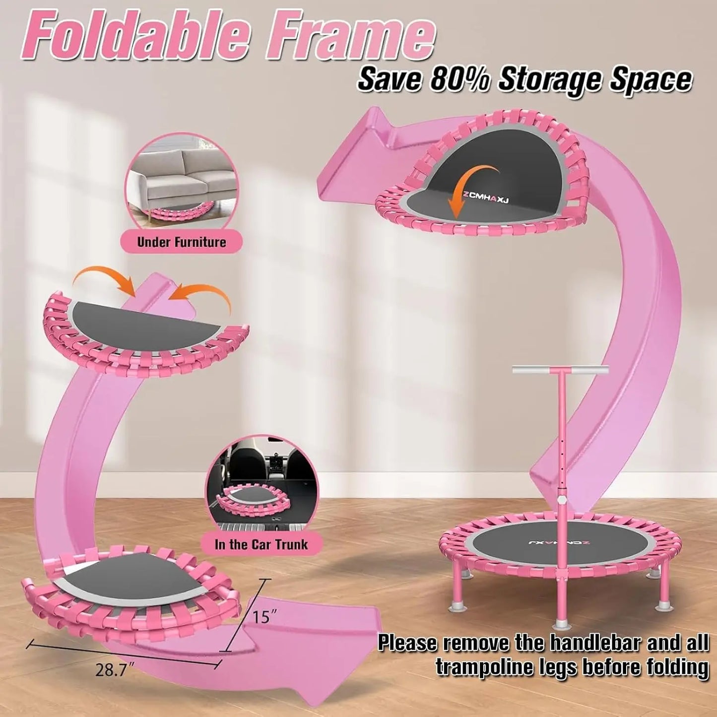 40" Foldable Mini Trampoline, 450lbs Capacity with T-Shaped Adjustable Bar for Adults & Kids, Indoor Fitness Rebounder