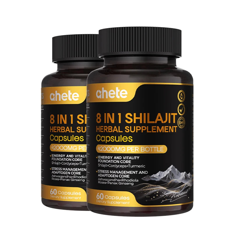 AHETE 8-in-1 Shilajit Capsules - Sports & Health Supplement Capsules With Shilajit, Indian Ginseng, Rhodiola Rosa, Cordyceps.