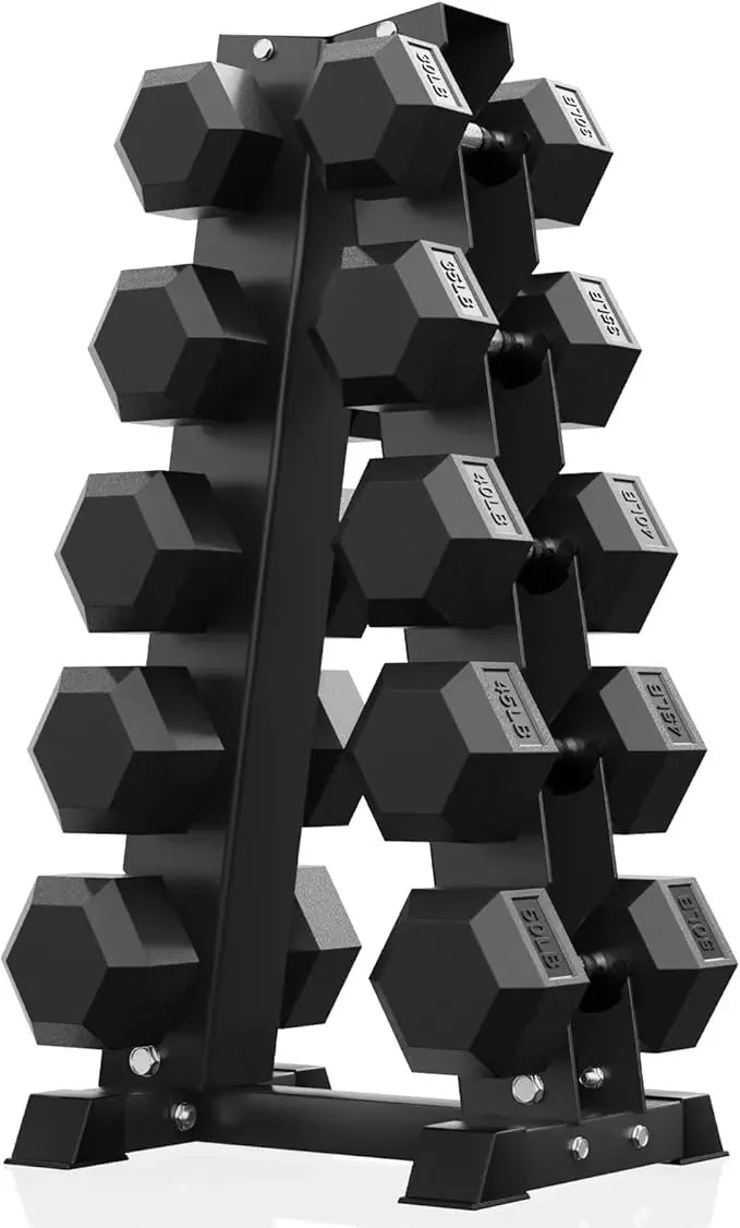 PAPABABE Hex Dumbbell Sets with Rack, 60-550lb Rubber Coated Dumbbell Weight Set and Storage Rack, Multiple
