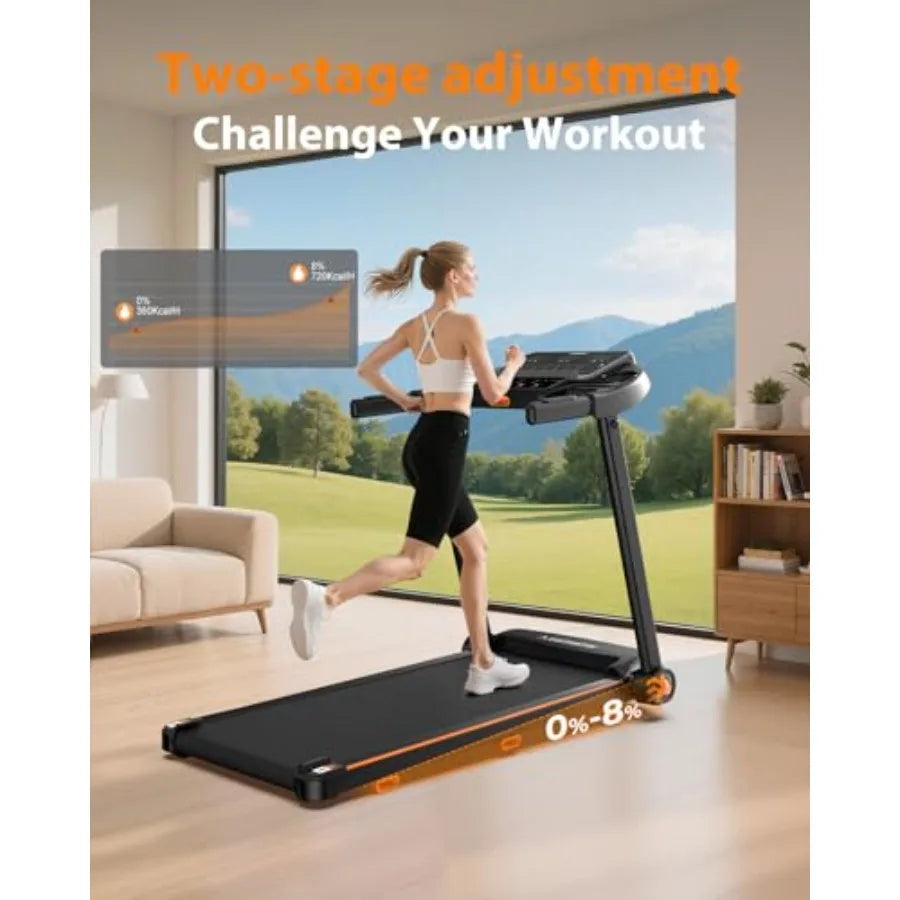Foldable Treadmill for Home Use: Steel Frame Black Space-Saving Design with 15 Incline Dual LED Display 8.5MPH Speed Bluetooth