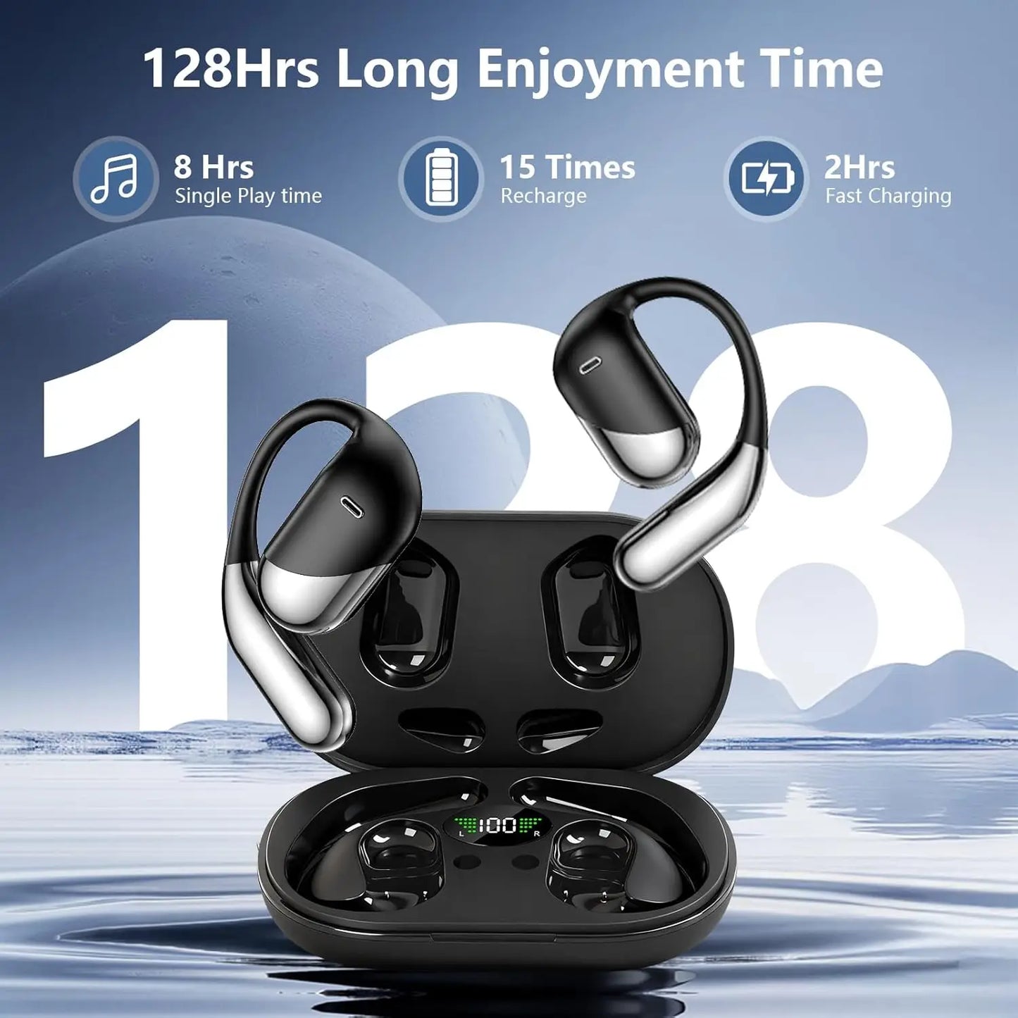 Open Ear Bone Conduction Headphones，,Over Ear Earbuds With Ergonomic Earhook,Bluetooth Headphones 5.4 With Smart Digital Display