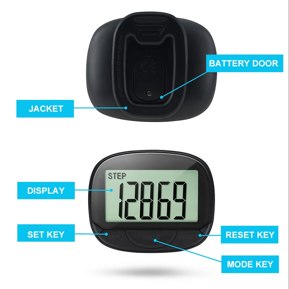 Clip-On Pedometer Electronic Pedometer Digital Display Simple Step Tracker Large Screen Multifunctional for Adults Seniors Dog