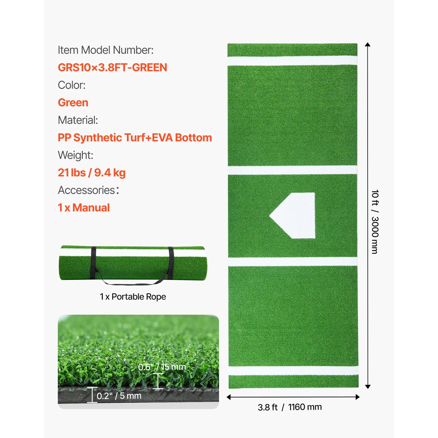 SucceBuy 10x3.8 ft/12x6 ft Baseball Hitting Turf Mat Softball Batting Practice Equipment with Home Plate Portable for Outdoor