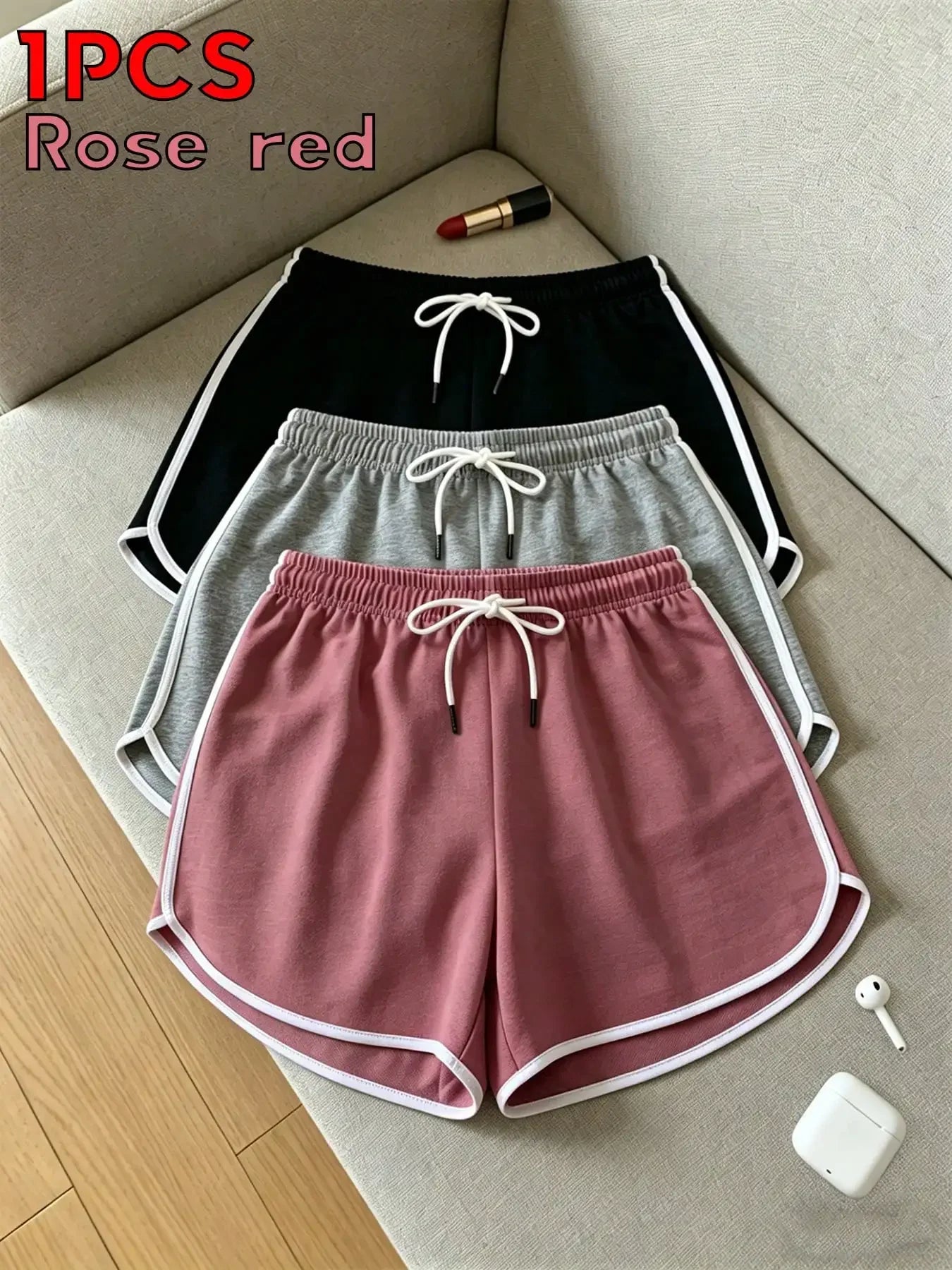 2026 Women's Summer Casual Sports Shorts, Black Base With White Trim, Elastic Drawstring Waist, Comfortable Breathable Outdoor Fitness Shorts