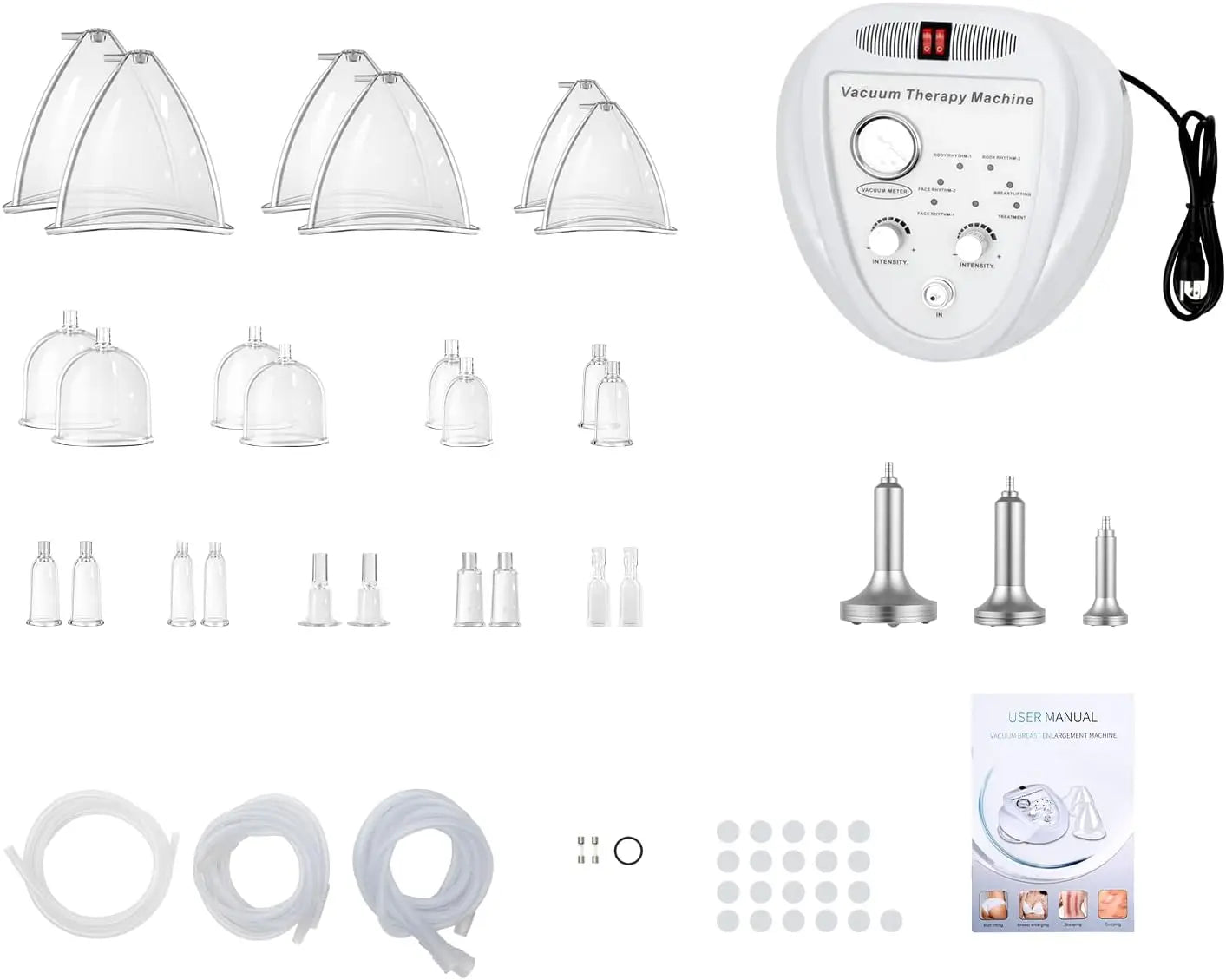 Salon Vacuum Cupping Massage Machine With 30 Multi-spec Cups 3 Separate Hoses 6 Adjustable Modes Max 70cmHg Strong Suction Relieve Back Pain Fat Reduction Anti-cellulite Body Shaping Spa Beauty Equipment
