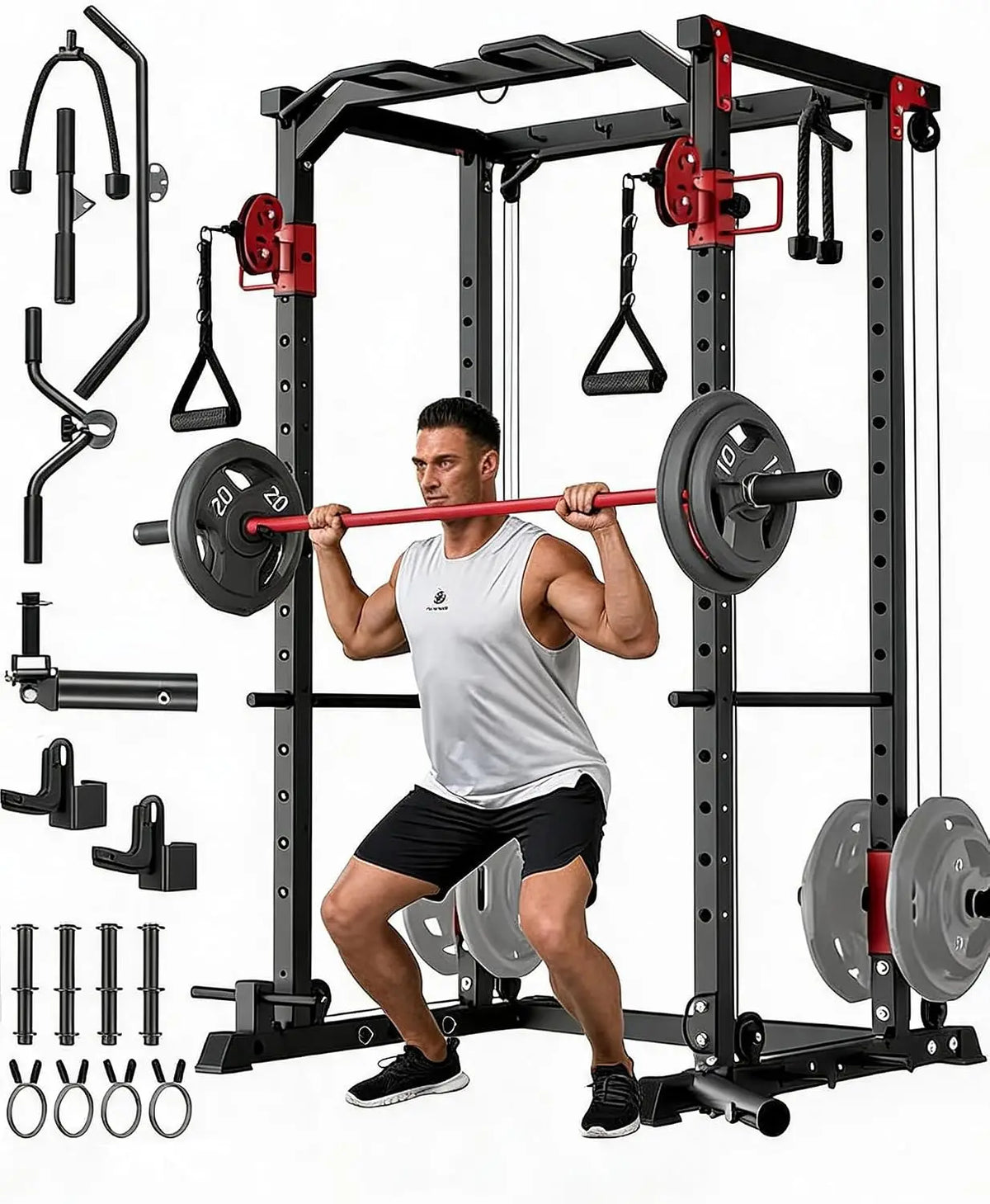 Multi-Functional Power Rack for Home Gym – Dual Pulley Cable System, 1200 lb Capacity Squat Cage with Training Attachments, Red