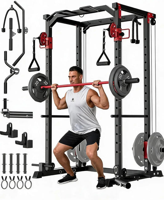 Multi-Functional Power Rack for Home Gym – Dual Pulley Cable System, 1200 lb Capacity Squat Cage with Training Attachments, Red