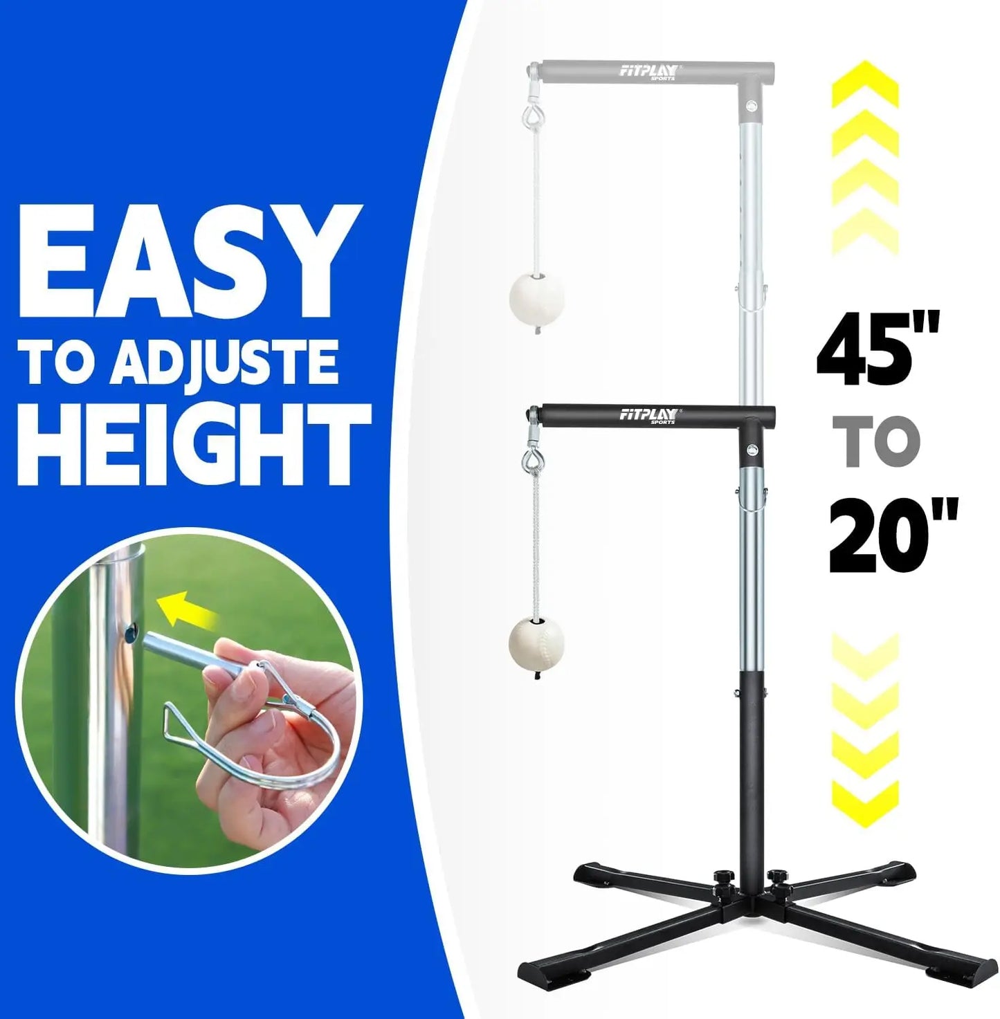 Height Adjustable Batting Tee with Tethered Ball, 20" to 45" | Metal X-Base with 4 Ground Stakes & 2 Sandbags for Maximum Stability – Baseball & Softball Hitting Trainer