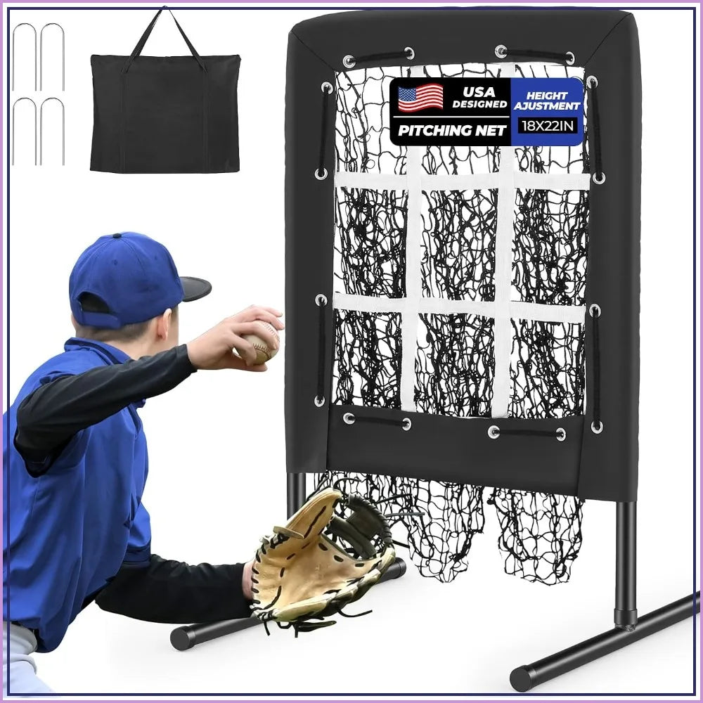 9 Hole Pitching Net, Portable Quick Setup Baseball Softball Nine Pocket Pitching Target with Strike Zone, Height Adjustable Pitcher Training Equipment with Carry Bag, 4 Ground Stakes