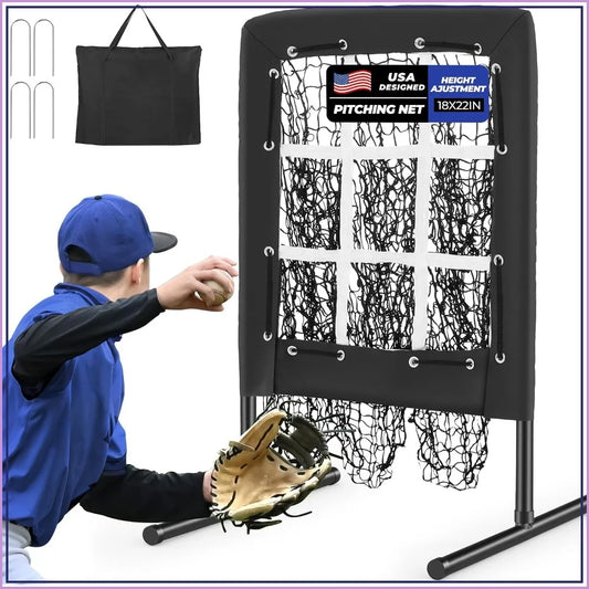 9 Hole Pitching Net, Portable Quick Setup Baseball Softball Nine Pocket Pitching Target with Strike Zone, Height Adjustable Pitcher Training Equipment with Carry Bag, 4 Ground Stakes