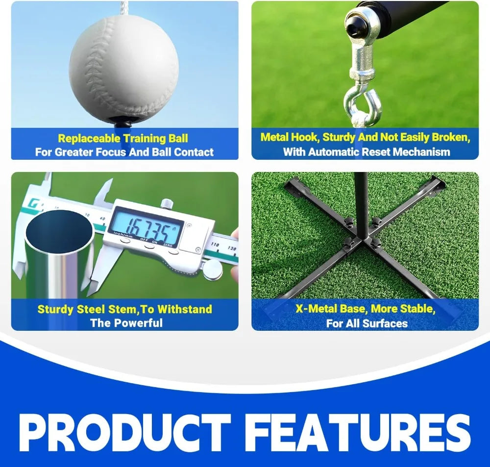 Height Adjustable Batting Tee with Tethered Ball, 20" to 45" | Metal X-Base with 4 Ground Stakes & 2 Sandbags for Maximum Stability – Baseball & Softball Hitting Trainer
