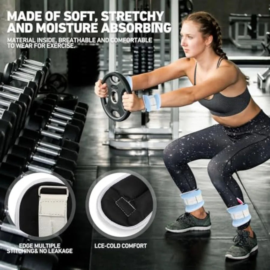Ankle weights set for gym yoga fitness workout walking jogging running; neoprene fabric; black; adjustable 2/3/4/6 lbs per pair
