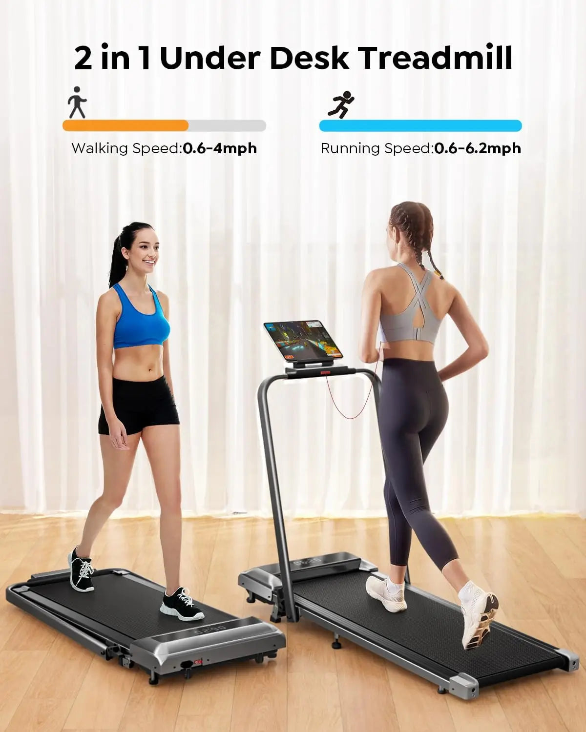 2 in 1 Foldable Treadmill with Incline, 300lbs Capacity Under Desk Walking Pad with App Remote LED Display