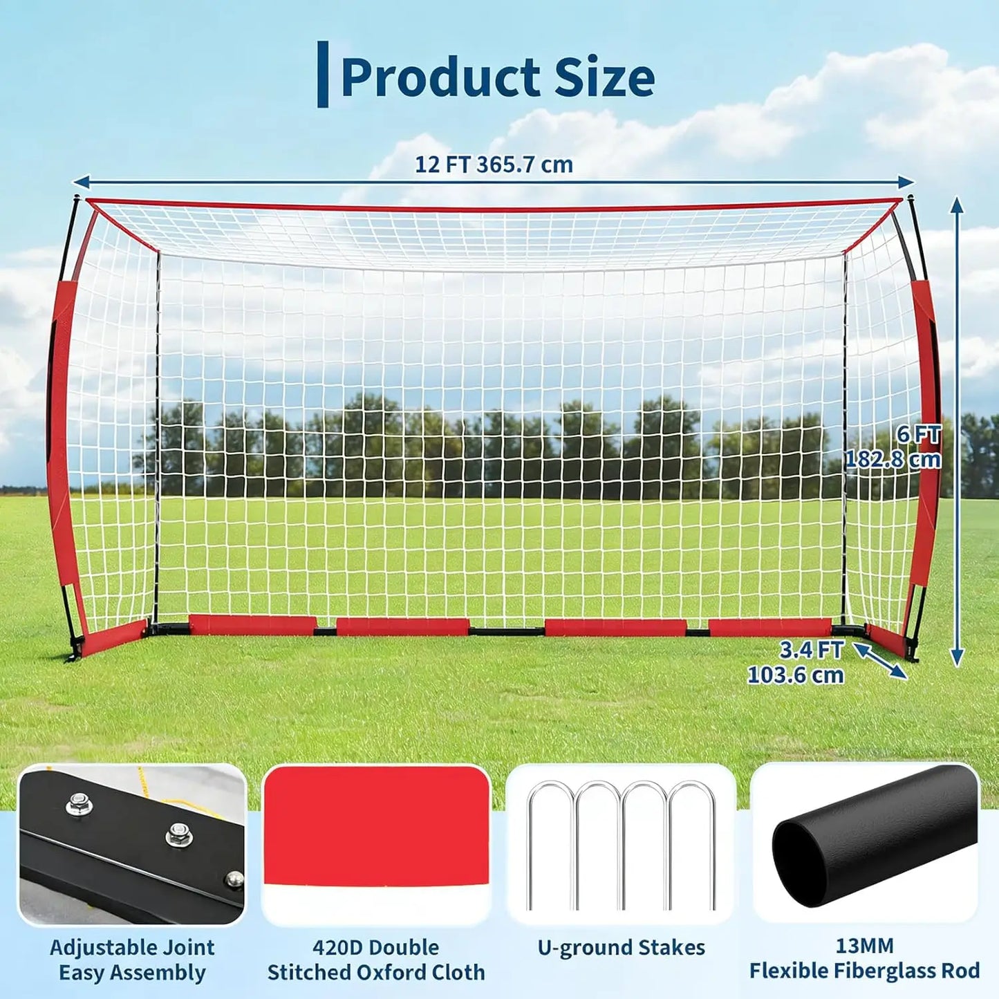 12x6 ft Steel Competition Soccer Goal, Foldable Heavy-Duty net with Metal Frame, high-Strength Fiberglass Support Poles, Includes Storage Bag & Ground Stakes