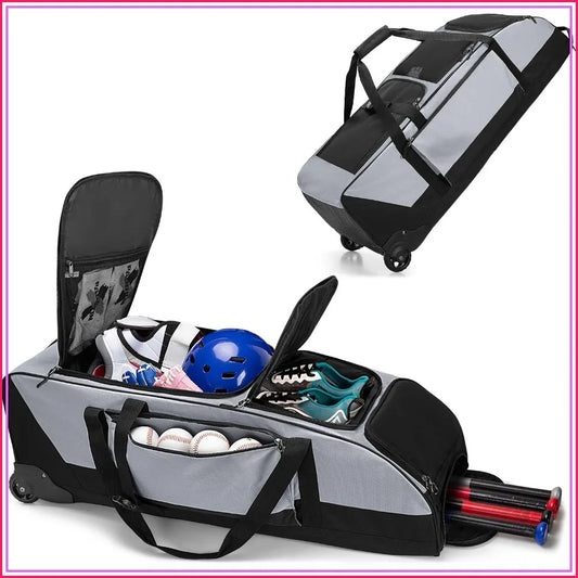 Rolling Baseball Softball Bag with Wheels for 4 Bats, Catchers Bag, Duffle Bag with Separate Shoe Space and Multiple Pockets for Gear, Gray