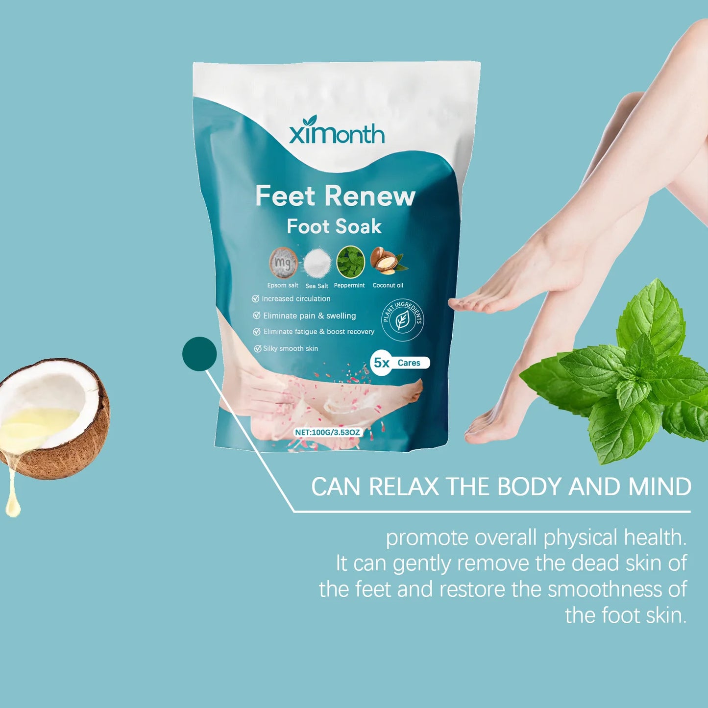 Foot Salt Bath Stress Relief Dead Skin Remover Deep Cleansing Bath Soak Magnesium Moisturizing Body Feet Relaxing Bath Salt 100g