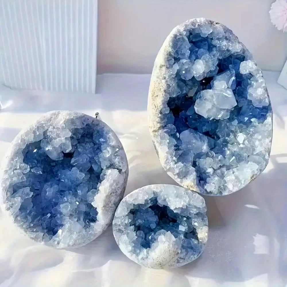 400-600g  Celestite Geode Cluster Semi Precious Stones Crystal Stones  Healing Authentic  Carving Crystal  Gemstones Decoration