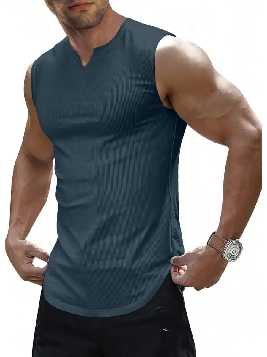 Mens Ribbed Knitted Tank Top Sleeveless Fitness Gym T-Shirt