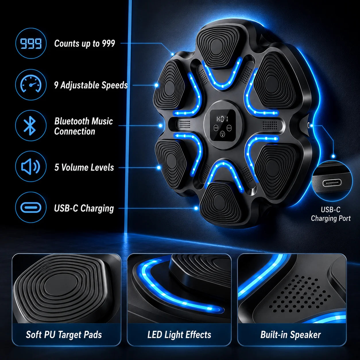 Hexagonal Music Boxing Machine with Gloves for Kids Adults Smart Boxing Target 9 Speed Modes 9 Levels 2 Pairs Gloves Black Red 6 Long 2 Short Velcro Strips Easy Install No Drilling Home Fitness Gift for Family Teen Boys