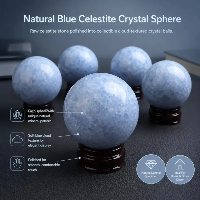 Blue crystal ball, mineral specimen, polished crystal ball, random style, suitable for home office living room decoration, is the perfect holiday gift for family, friends, and crystal enthusiasts