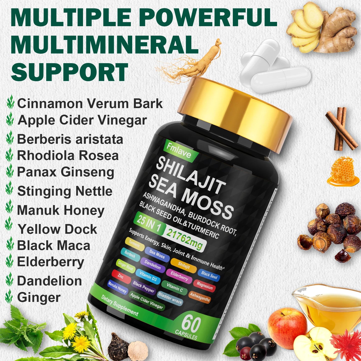 Sea Moss Shilajit Ashwagandha , Sea Moss Capsule Supplement with Turmeric Burdock Root Bladderwrack Vitamin C Vitamin D3 Enhanced Immunity & Energy Black Seed Oil Capsule