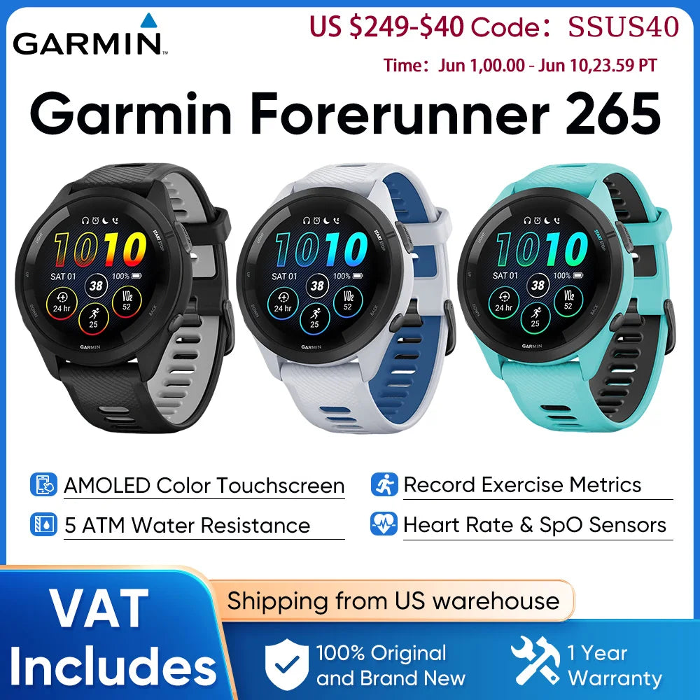Garmin Forerunner 265 GPS 46mm Smartwatch 1.3" AMOLED Touchscreen Display Heart Rate Monitoring Training Metric Message Notice