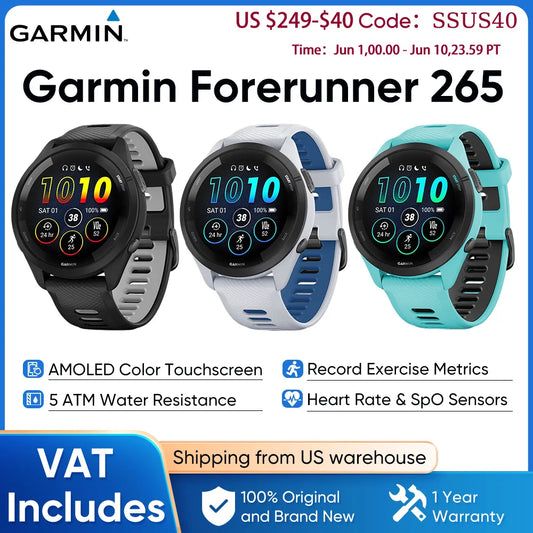 Garmin Forerunner 265 GPS 46mm Smartwatch 1.3" AMOLED Touchscreen Display Heart Rate Monitoring Training Metric Message Notice