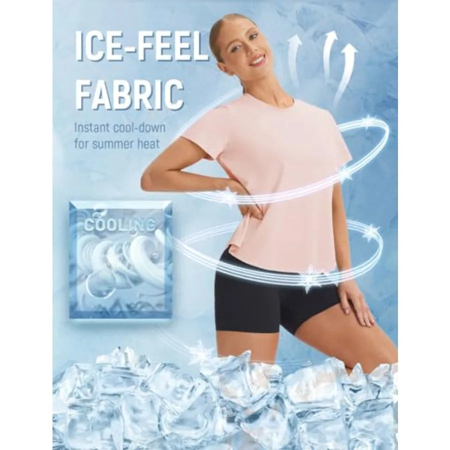 baleaf Ice Cooling Short Sleeve Workout Tops for Women Running Shirts UPF 50+ Athletic Tennis Yoga Split Back Quick Dry