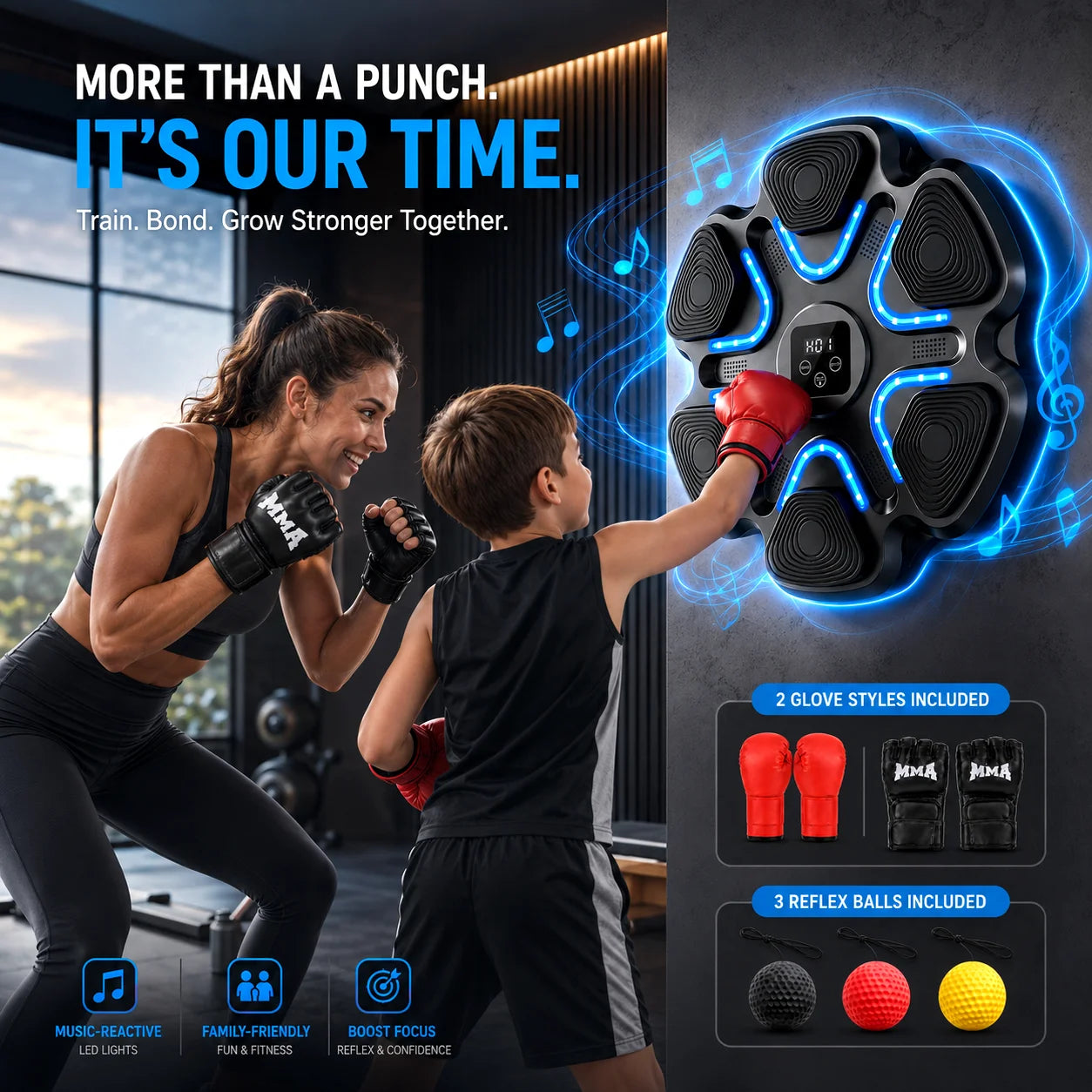 Hexagonal Music Boxing Machine with Gloves for Kids Adults Smart Boxing Target 9 Speed Modes 9 Levels 2 Pairs Gloves Black Red 6 Long 2 Short Velcro Strips Easy Install No Drilling Home Fitness Gift for Family Teen Boys