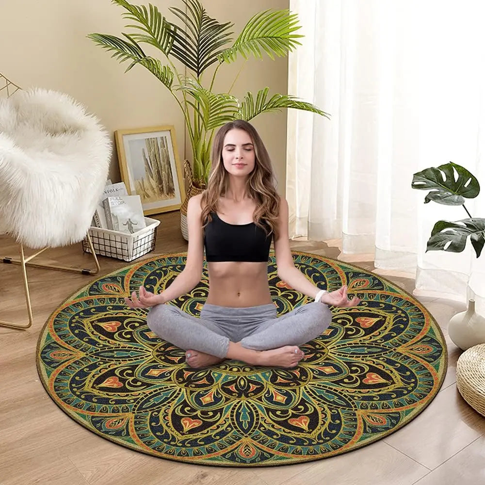 Large Round Yoga Mat 4.6'X3.5mm for Exercise Premium Extra Thick, Ultra Comfortable, Non Slip, Meditation Mat