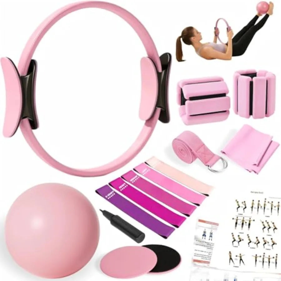 Pilates Equipment Kit for Home Workout with Ring Ball Set Core Sliders Adjustable Ankle Wrist Weights Resistance Bands in Black