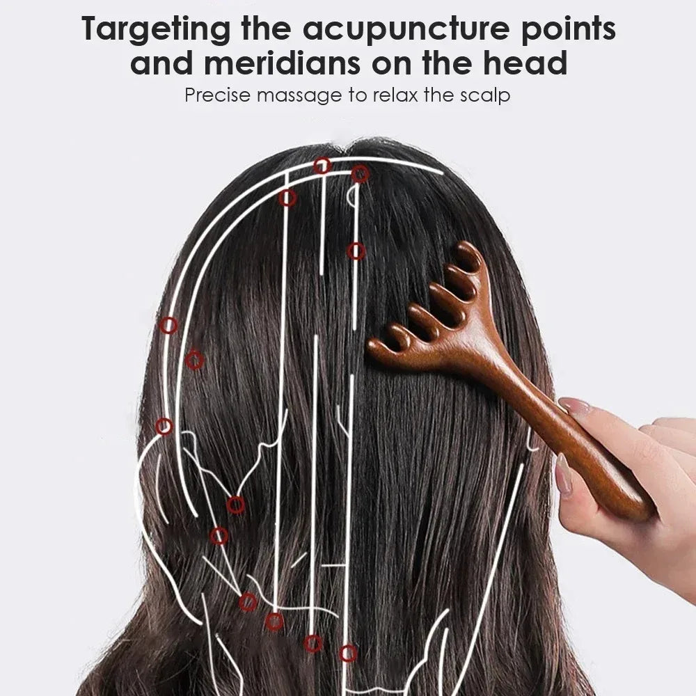 Natural Golden Sandalwood Five-Claw Scalp Massager Gua Sha Tool Back Scratcher Spa Handheld Meridian Massage Comb Hair Care 2035