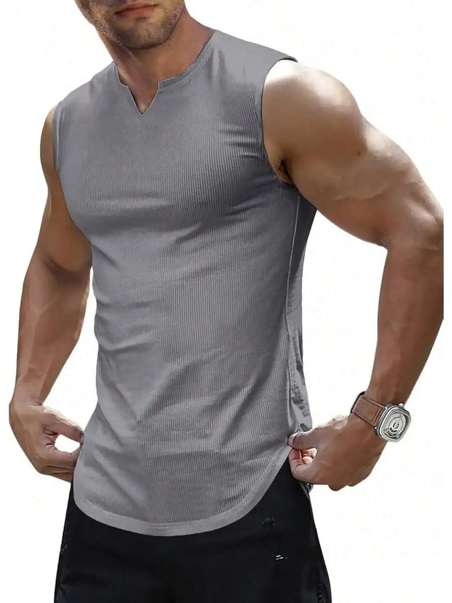 Mens Ribbed Knitted Tank Top Sleeveless Fitness Gym T-Shirt