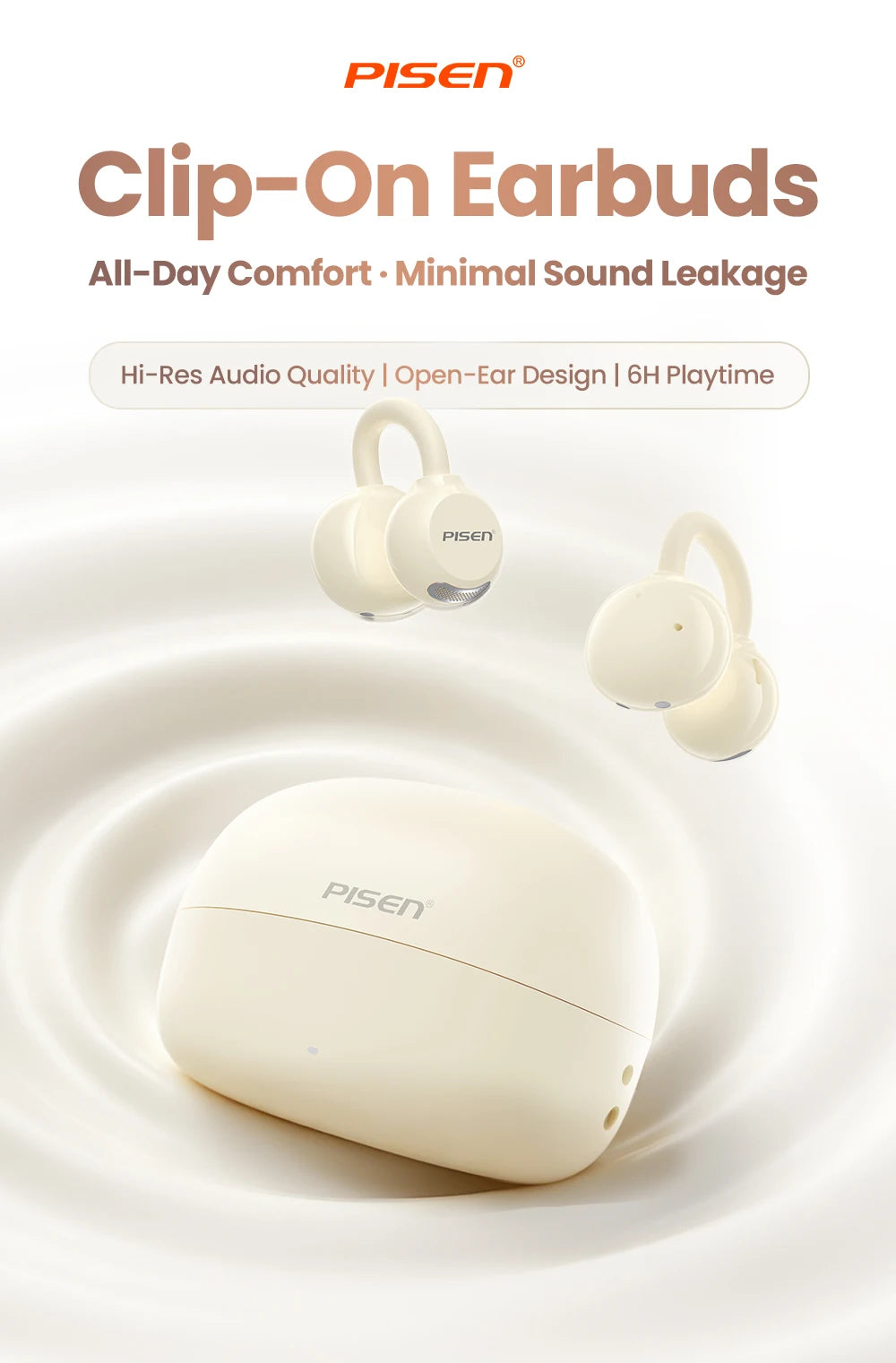 PISEN Wireless Bluetooth 6.0 Hi-Res Ear Clip Earphones 360° Directional Sound Field Long Battery Life Sports Clip Earbuds 30H Pl