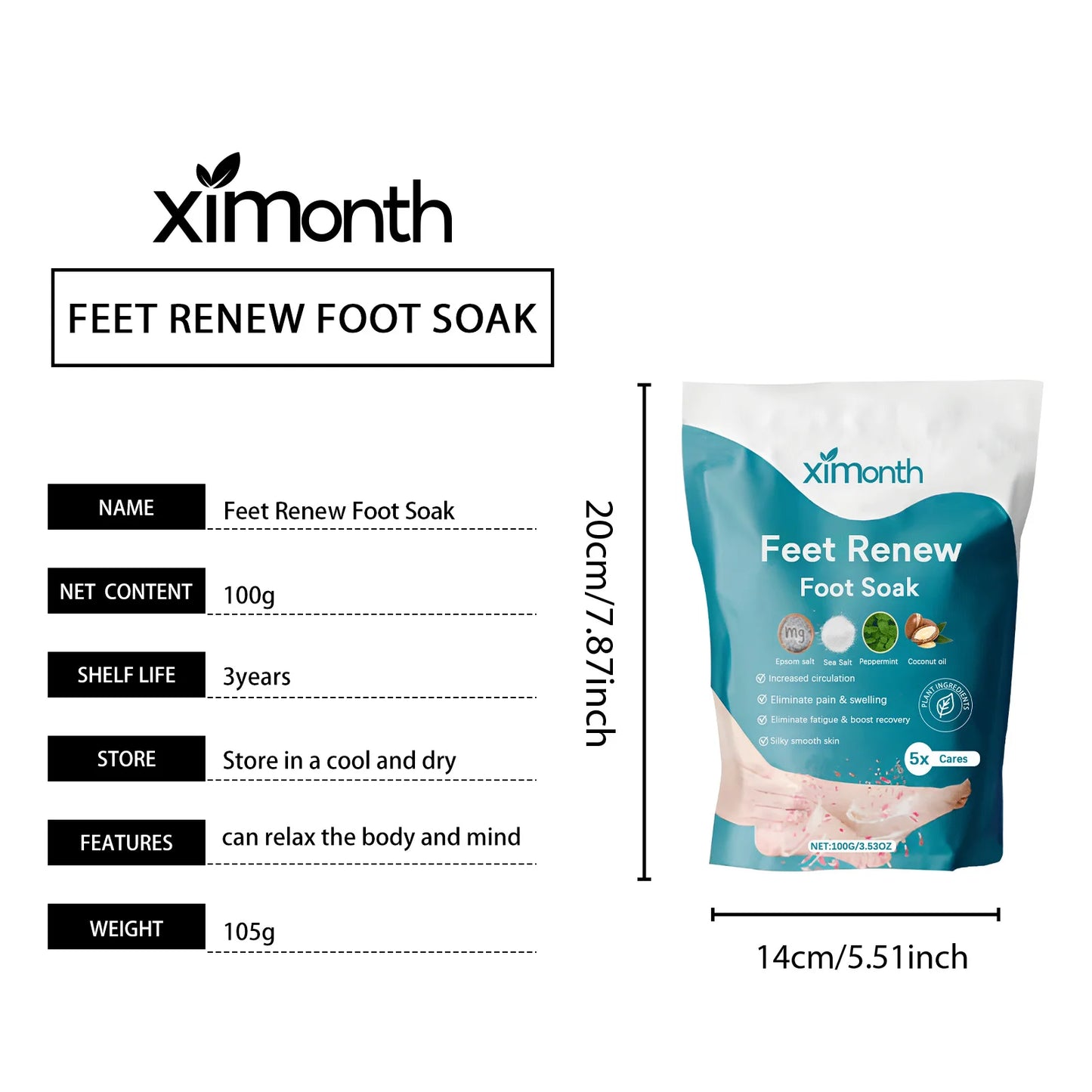 Foot Salt Bath Stress Relief Dead Skin Remover Deep Cleansing Bath Soak Magnesium Moisturizing Body Feet Relaxing Bath Salt 100g
