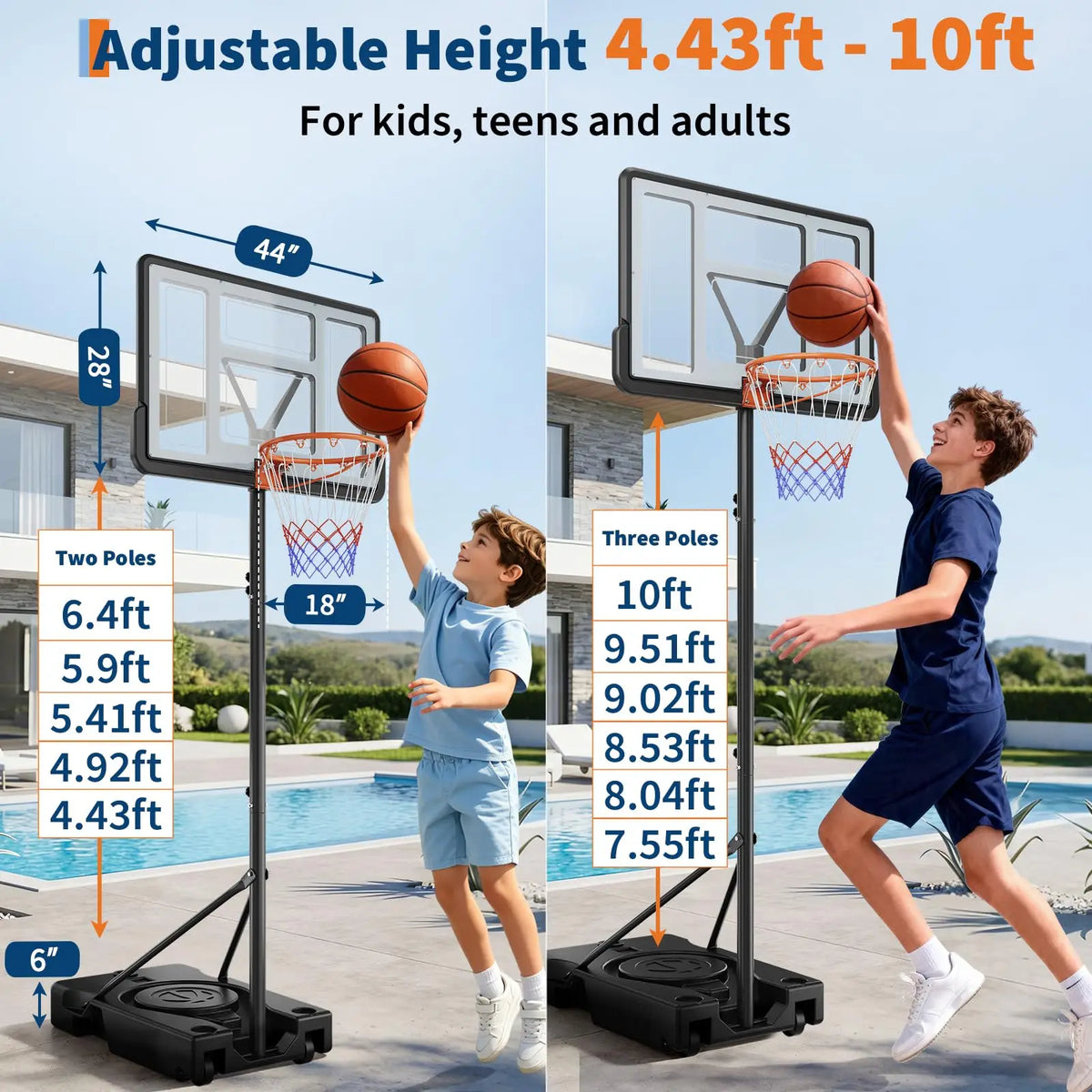 44 Inch Portable Basketball Hoop Outdoor, Adjustable 4.43-10FT Goal System With Wheels For Backyard Driveway Court Kids Adults