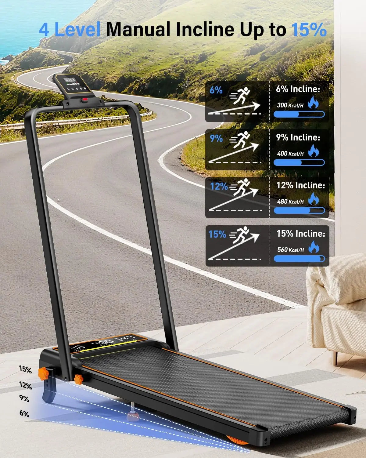 Walking Pad Treadmill with 15% Incline, Dual LED Display, 4-in-1 Foldable Treadmill for Home, 3.5HP 350LBS Capacity