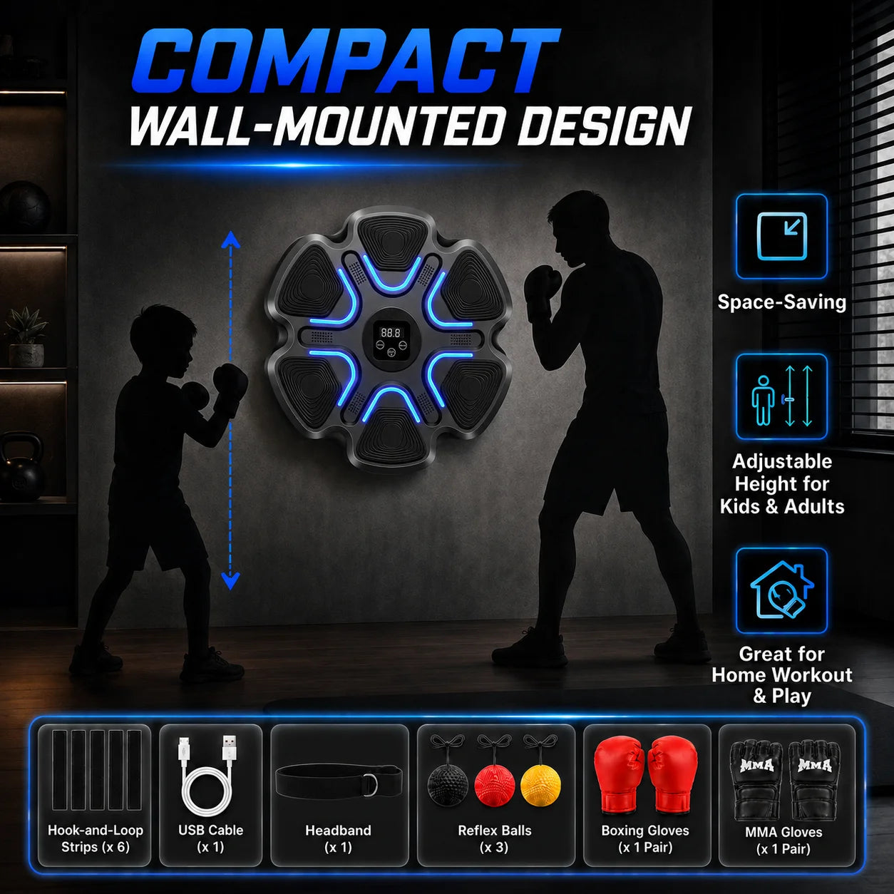 Hexagonal Music Boxing Machine with Gloves for Kids Adults Smart Boxing Target 9 Speed Modes 9 Levels 2 Pairs Gloves Black Red 6 Long 2 Short Velcro Strips Easy Install No Drilling Home Fitness Gift for Family Teen Boys