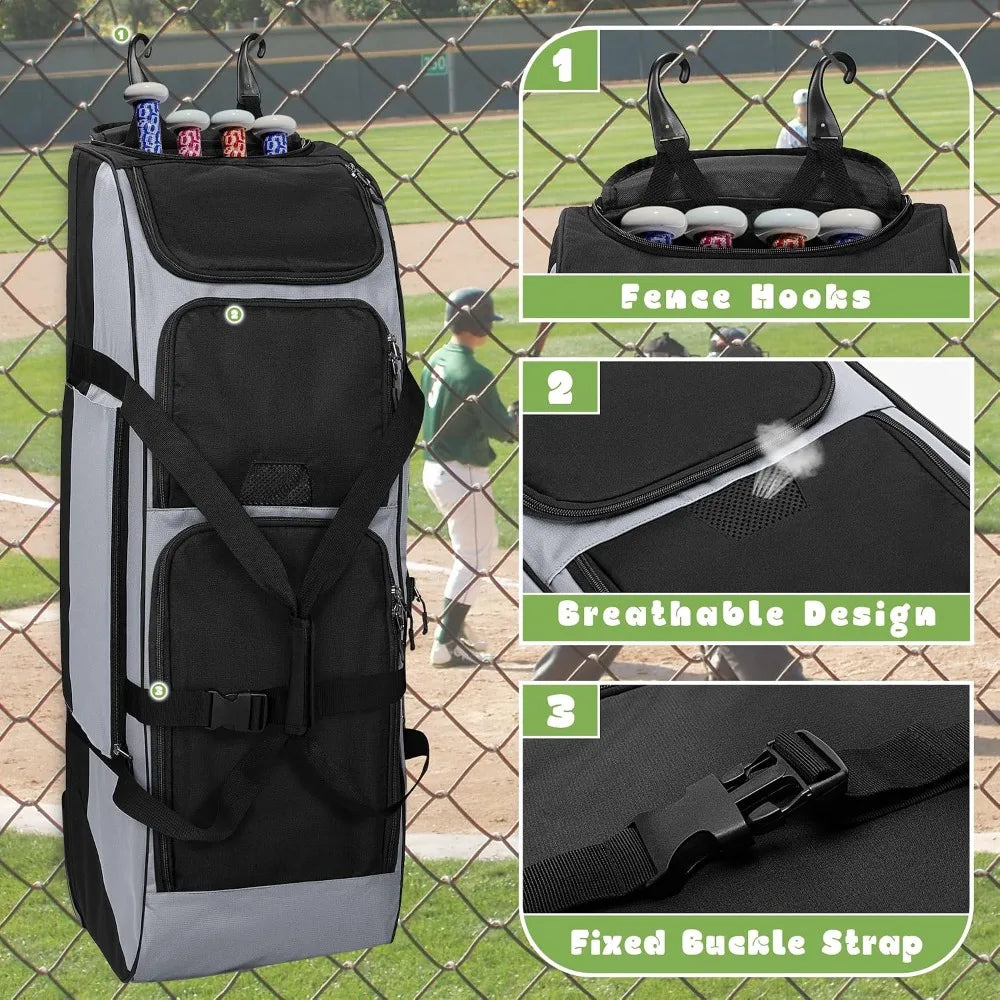Rolling Baseball Softball Bag with Wheels for 4 Bats, Catchers Bag, Duffle Bag with Separate Shoe Space and Multiple Pockets for Gear, Gray
