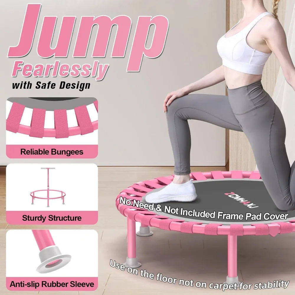 40" Foldable Mini Trampoline, 450lbs Capacity with T-Shaped Adjustable Bar for Adults & Kids, Indoor Fitness Rebounder