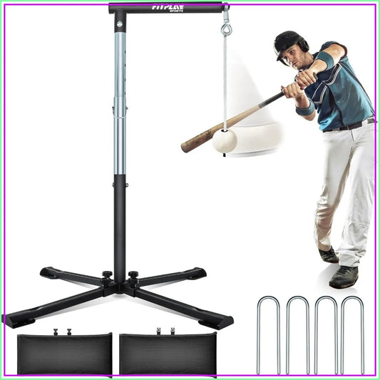 Height Adjustable Batting Tee with Tethered Ball, 20" to 45" | Metal X-Base with 4 Ground Stakes & 2 Sandbags for Maximum Stability – Baseball & Softball Hitting Trainer