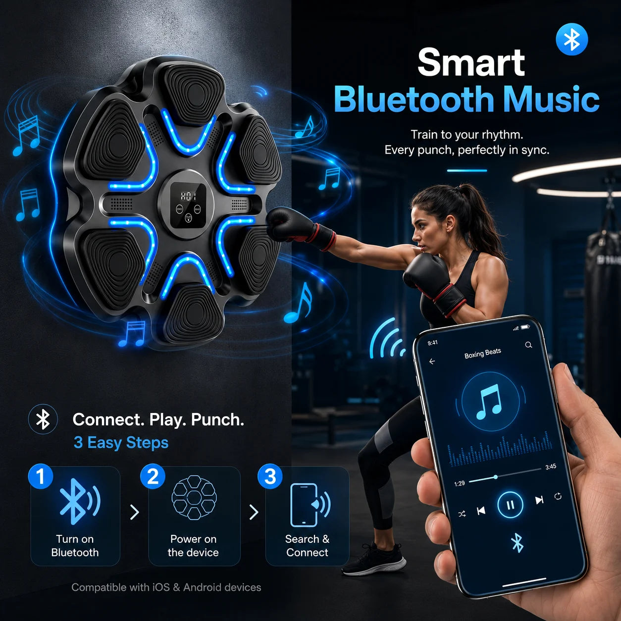 Hexagonal Music Boxing Machine with Gloves for Kids Adults Smart Boxing Target 9 Speed Modes 9 Levels 2 Pairs Gloves Black Red 6 Long 2 Short Velcro Strips Easy Install No Drilling Home Fitness Gift for Family Teen Boys